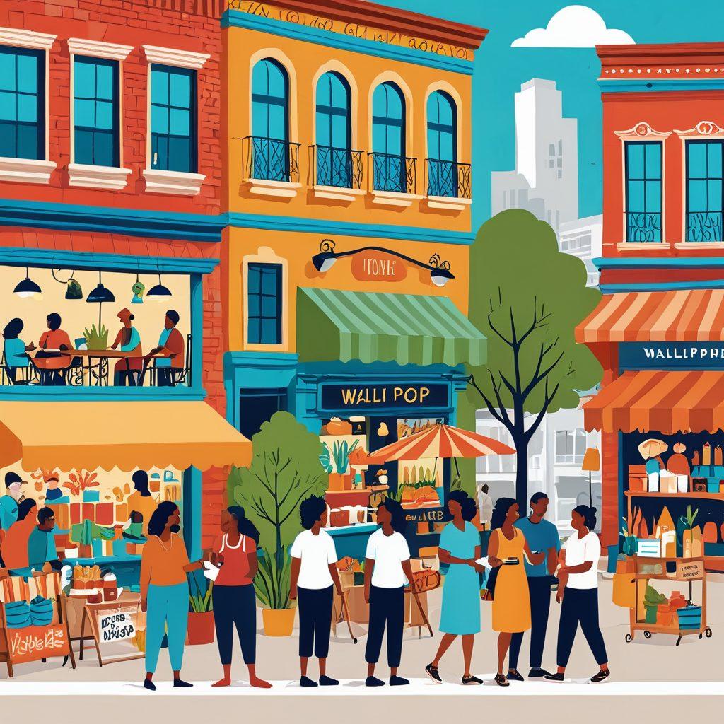 A vibrant and bustling local market scene with diverse vendors selling unique handcrafted goods and vintage items. Shoppers are actively engaging with sellers, examining products, and bagging their finds. Prominently feature a banner or sign with the Wallpop Web logo, symbolizing the seamless online integration with the local shopping experience. The background shows colorful buildings and greenery, creating a lively and inviting atmosphere. vector art. vibrant colors.