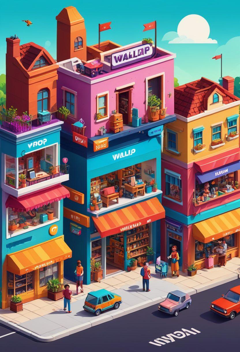 A vibrant, bustling digital marketplace scene with people happily buying and selling items ranging from furniture to gadgets. Include diverse characters using smartphones and laptops with the Wallpop Web logo visible on screens. Background features a friendly neighborhood with colorful shops and homes. Pixel art. vibrant colors.